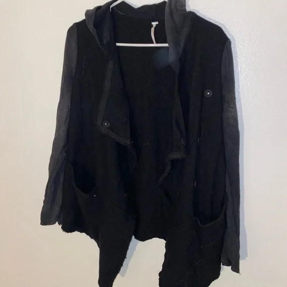 FREE PEOPLE wool blend hooded Black Gray asymmetric jacket coat Size Small - Picture 3 of 7